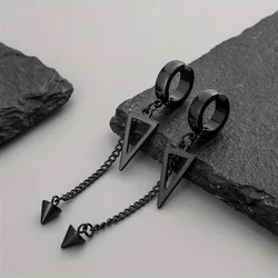 1pc Stylish Punk Unique Design Stainless Steel Geometric Triangle Chain Cone Ear Clips Non-Piercing Earrings for Men Women
