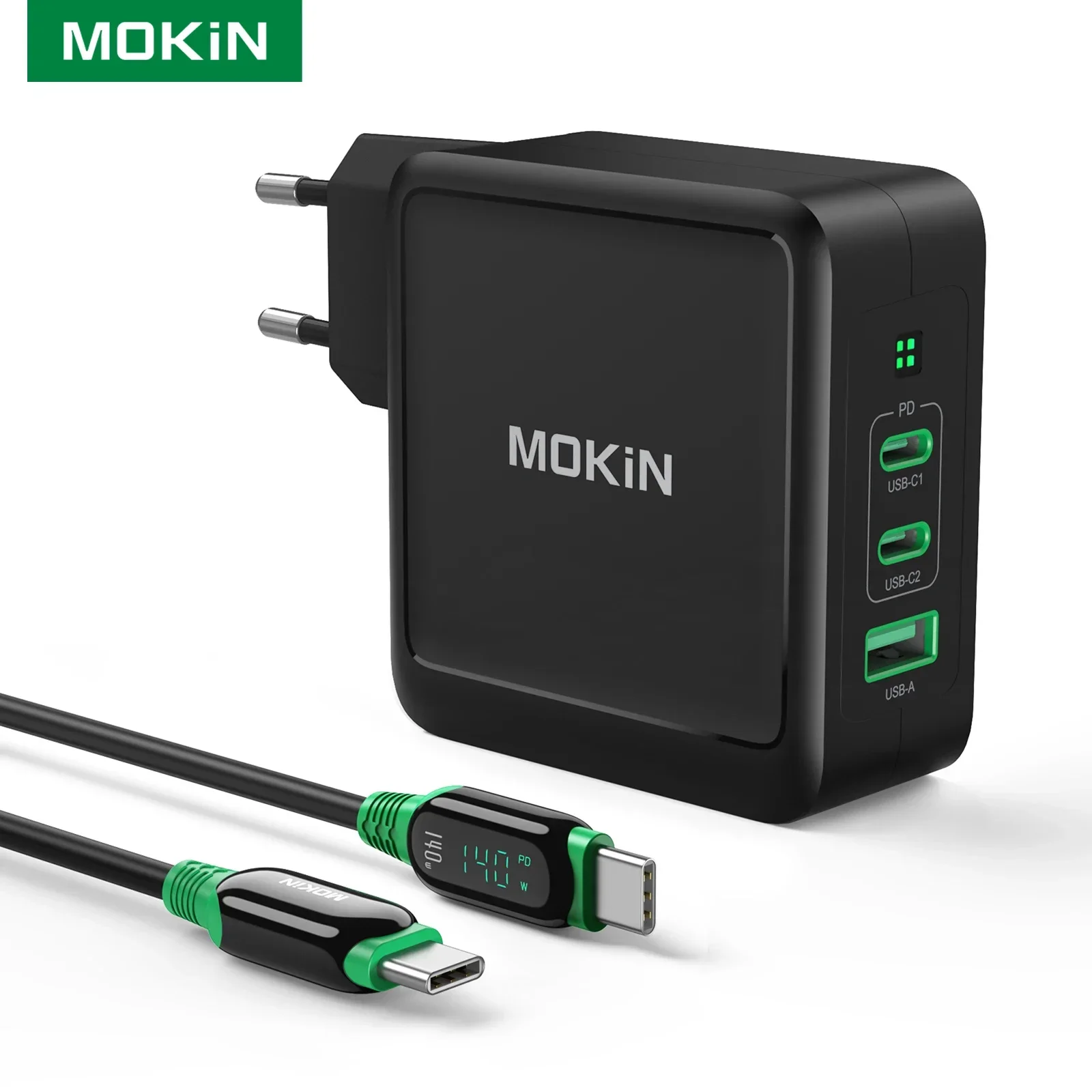 

MOKiN GaN 140 Вт Быстрая зарядка USB Type C Зарядное устройство PD 3.1 Настенный адаптер для зарядки для iPhone Xiaomi Huawei Samsung Складная вилка ЕС/Великобритании