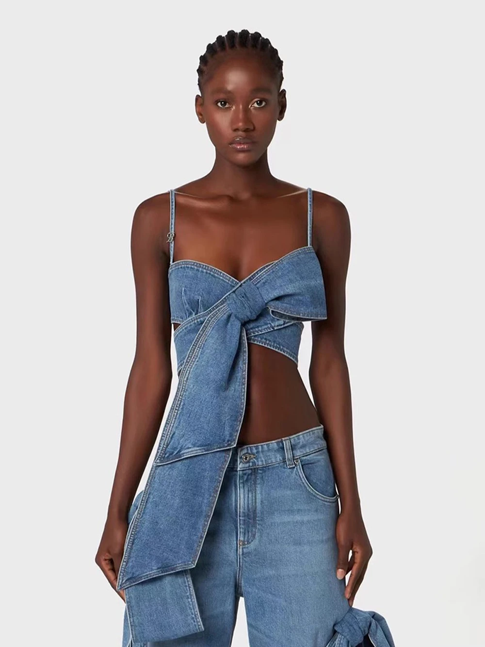 Haut court en denim à bandes croisées pour femmes, camisoles taille haute, jambe large, jean droit, streetwear sexy, mode, nouveau, ensemble 2 pièces, 2024