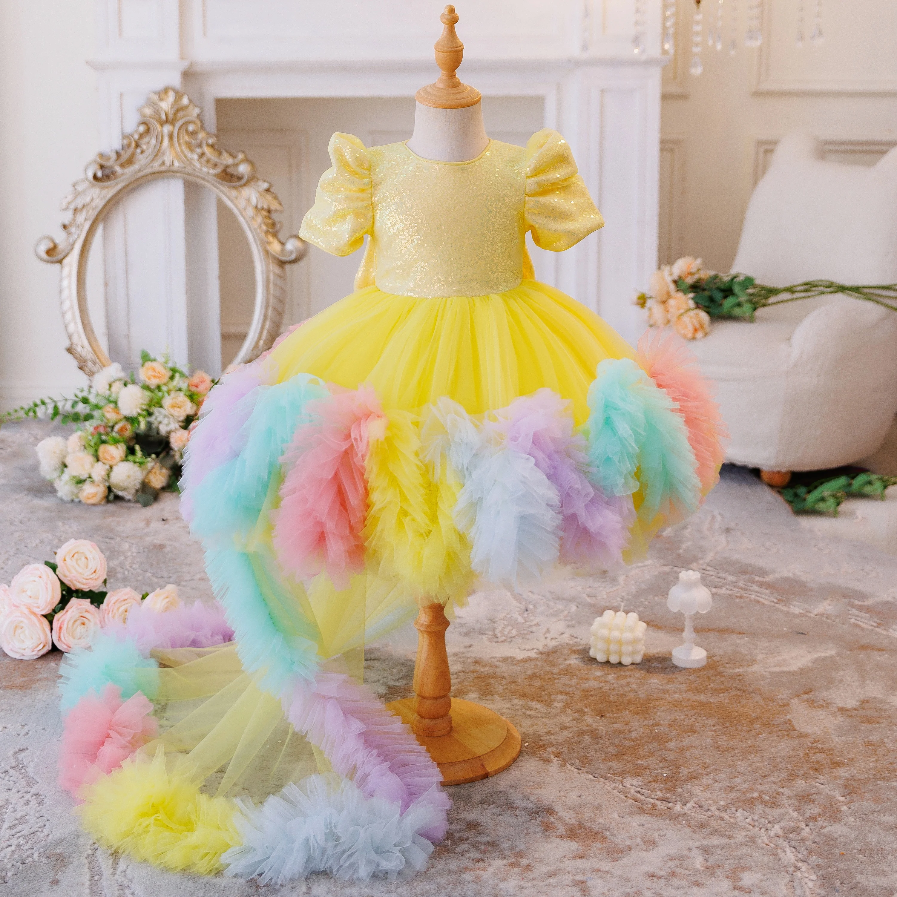 Rainbow Train Kids Evening Gown Princess Puffy Dress for Girls' Birthday Party & Pageant