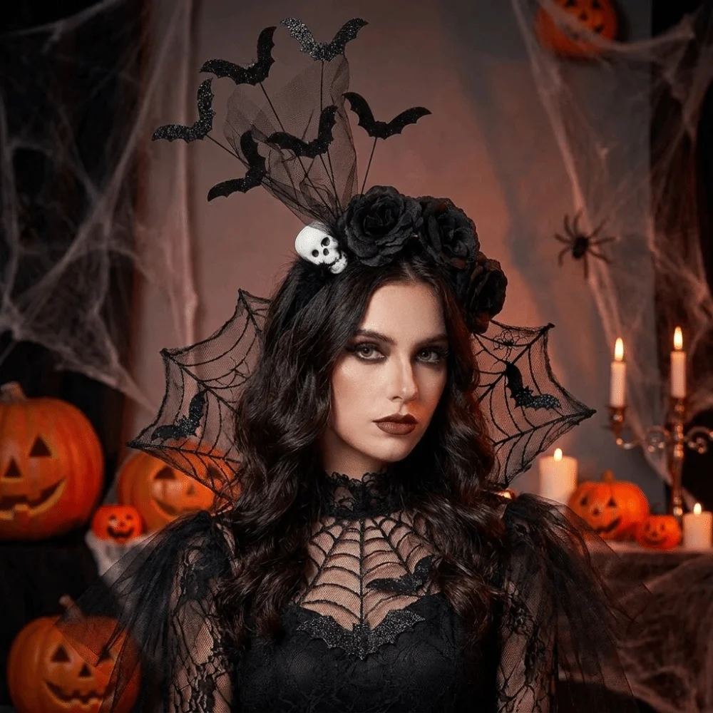 Black Artificial Flowers Halloween Headband Lace Design Rose Flower Witch Hairband Bat Spider Web Party Role-playing Accessory