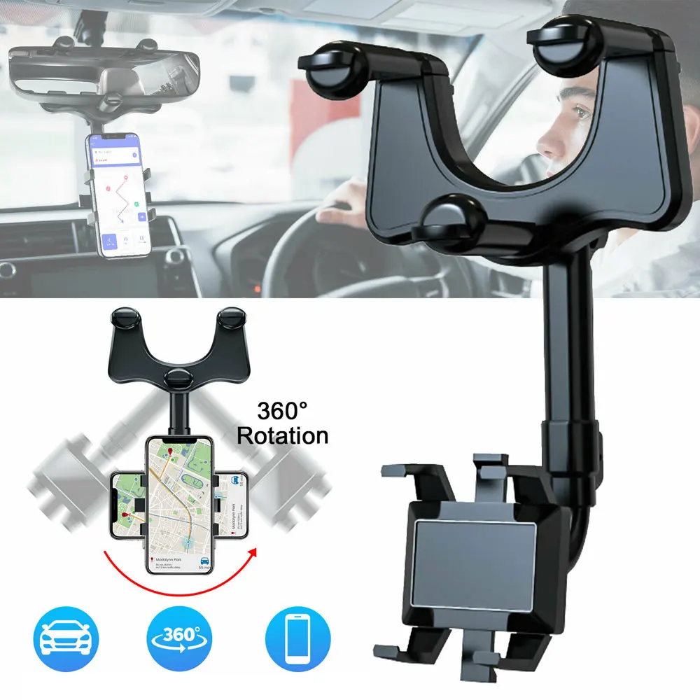 

360° Rearview Mirror Phone Holder for Car Mount Phone and GPS Holder Universal Rotating Adjustable Telescopic Car Phone Holder