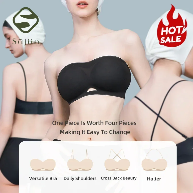 

SUJIIN Women's Strapless Push Up Invisible Bra Seamless Underwear Female Small Chest Non-slip 1/2 Cup Multiway Bras Women MX212