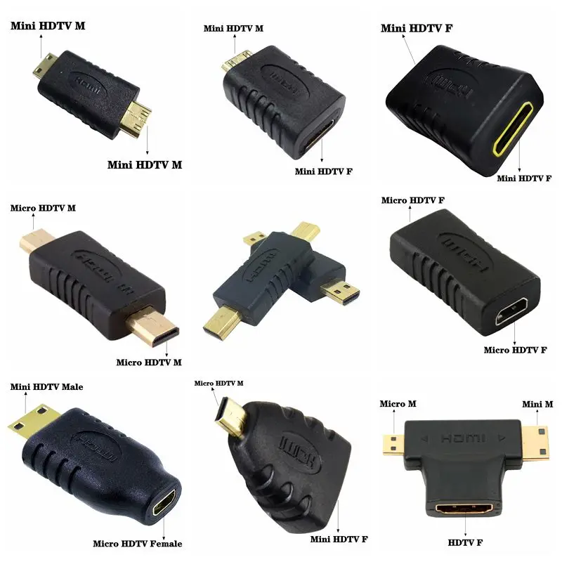Mini adaptador compatível com HDMI, interface masculina e feminina, tipo C, tipo D