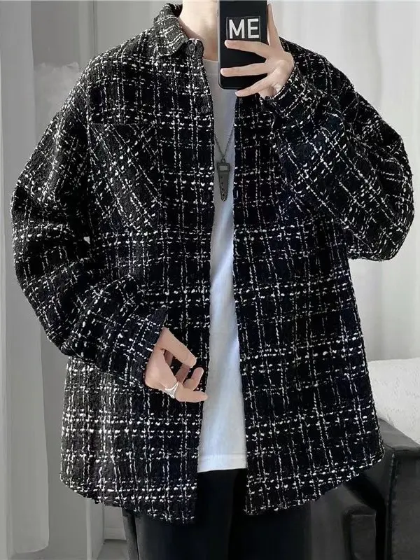 Men's Long Sleeve Woolen Shirt Casual Loose Fit Plaid Pattern Spring Autumn Fashion Brand Crlaisrwolf Polyester Fiber