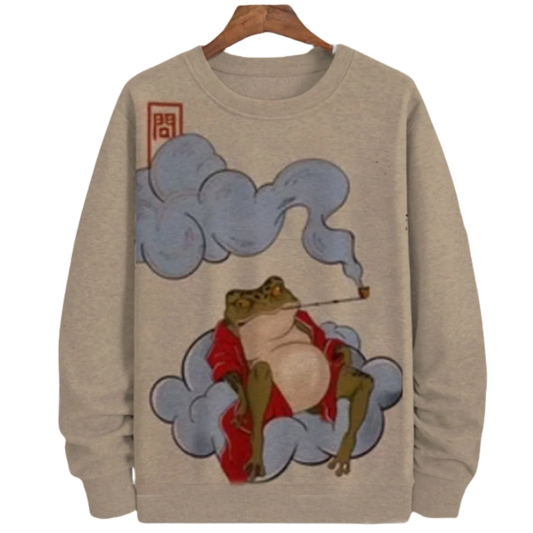 Japanese Style Frog Print Sweatshirt For Men Streetwear Round Neck Long Sleeve Pullover Casual Hooded Sweater Men Clothing 5XL