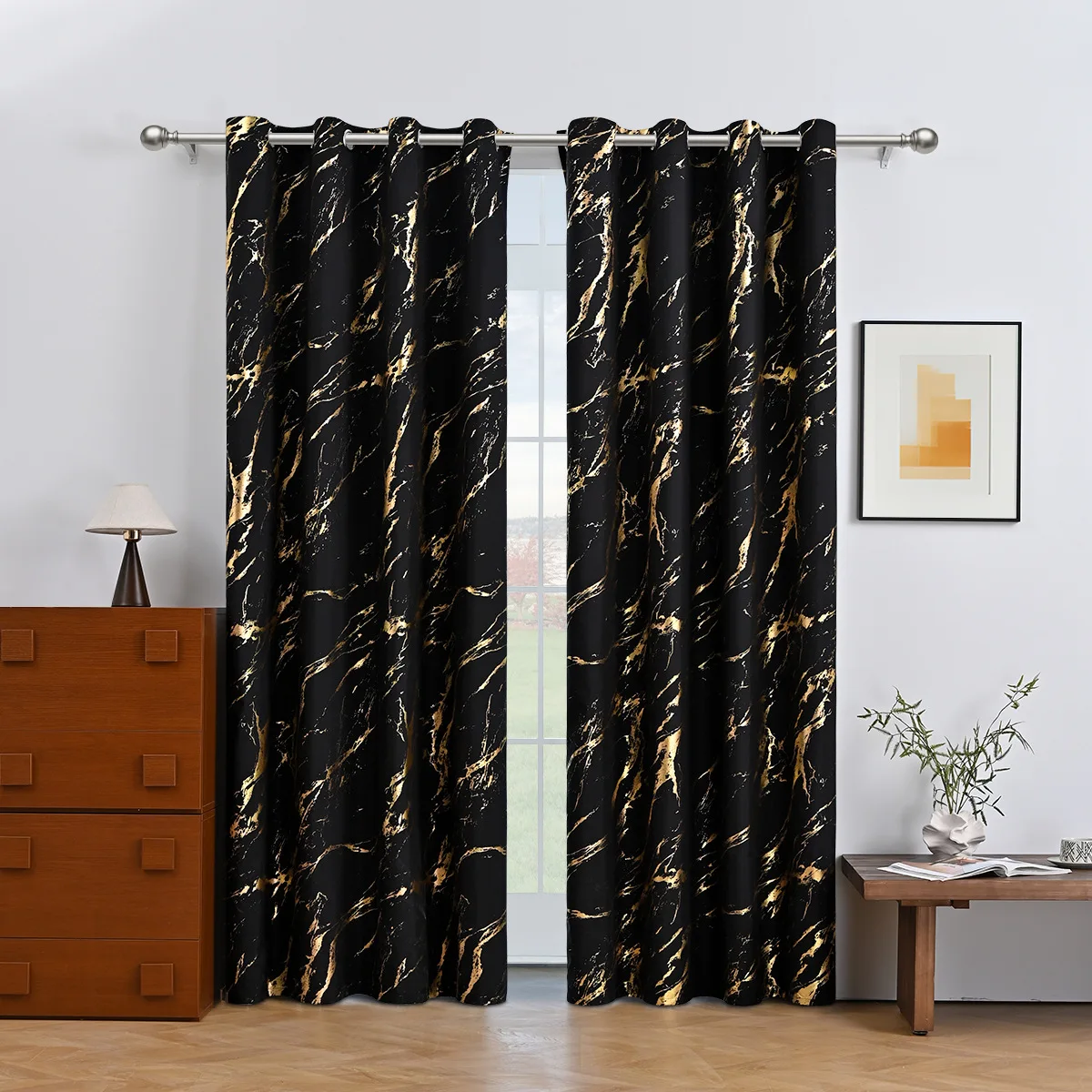 Cortinas Blackout 1/2 Painel com Estampa de Ondas em Folha de Ouro, Cortinas com Ilhoses para Escurecimento de Ambientes e Isolamento Térmico