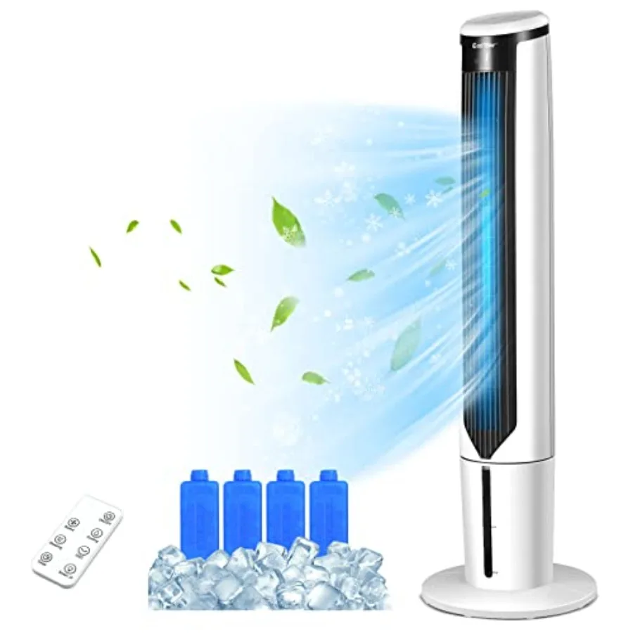 Portable Evaporative Air Cooler for Home Office Bedroom, Plastic Body, White, Quiet 41-inch Oscillating Bladeless Design with R
