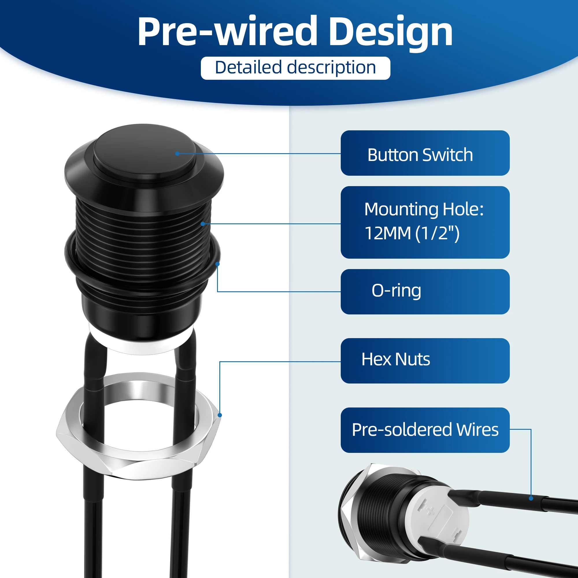 6PCS 12mm Momentary Push Button Switch 12V Black Waterproof Pushbutton Switch 2 Pin Pre-Wired Normally Open for Automotive Car