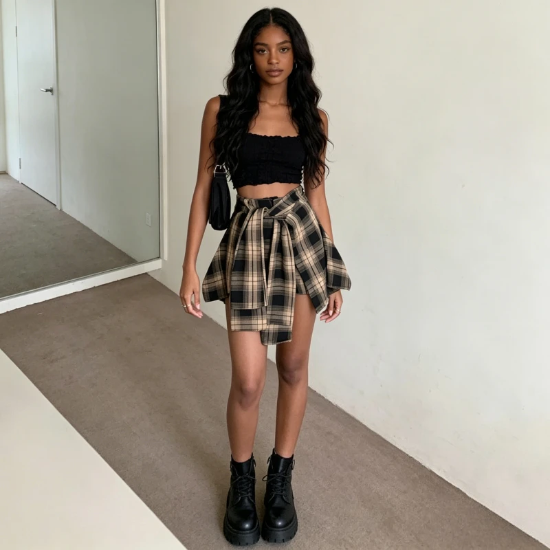 

Женские юбки-шорты с имитацией двух предметов, пляжные короткие юбки А-силуэта, на шнуровке, в клетку, элегантные, с асимметричным кроем, в стиле Y2K, уличная мода, для работы, весна 2026