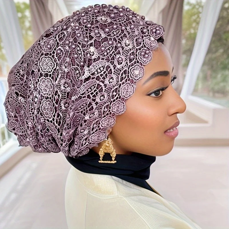 Popular hot-selling lace beaded head hat Baotou hat women\'s Arabic gauze scarf ethnic style Hui headscarf hat