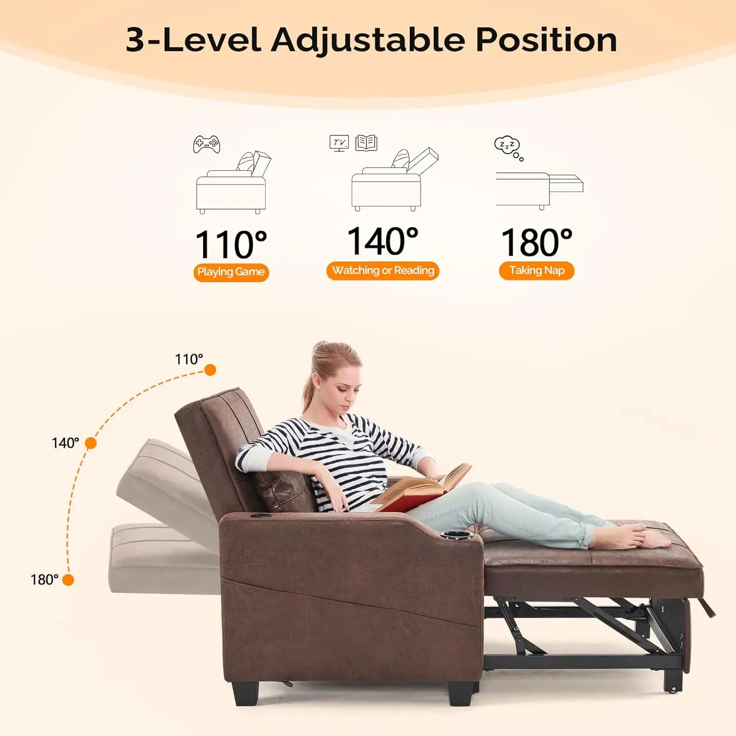 Vingli Sofá cama reclinable, sofá cama convertible 3 en 1, sofá cama rústico, sofá cama extraíble con ajustable