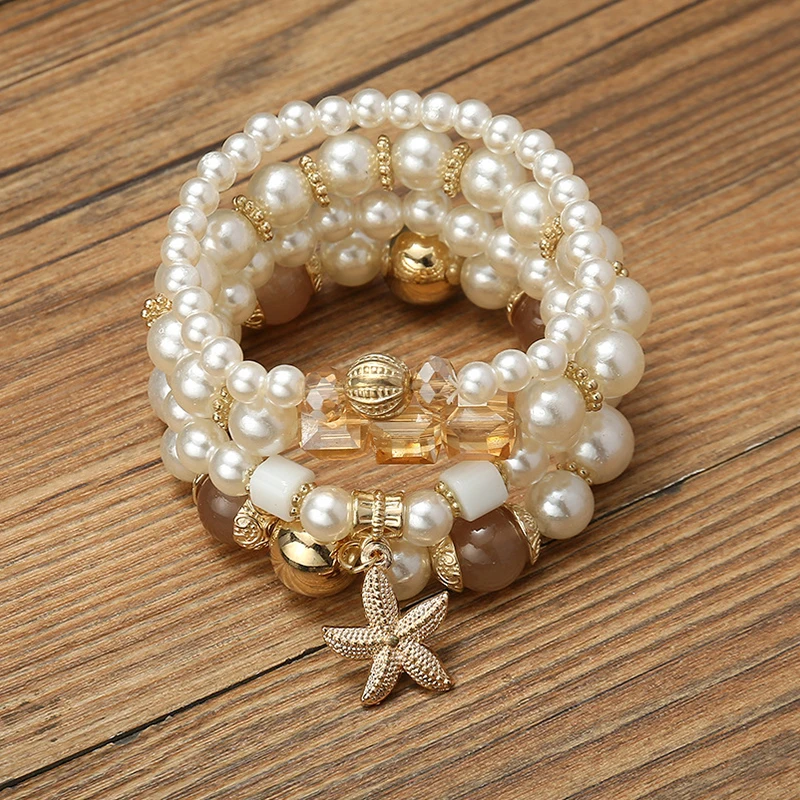 Imitation Pearl Stretch Bead Bracelets Set For Women Metal Adjustable Elastic Charms Vintage Strand Girls\' Fashion Jewelry C1306