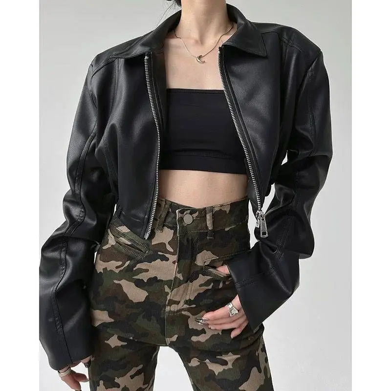 Women's Fashion Cropped Faux Leather Jacket Vintage Stand Collar Balloon Sleeve Biker Style PU Leather Coat Streetwear Outfit