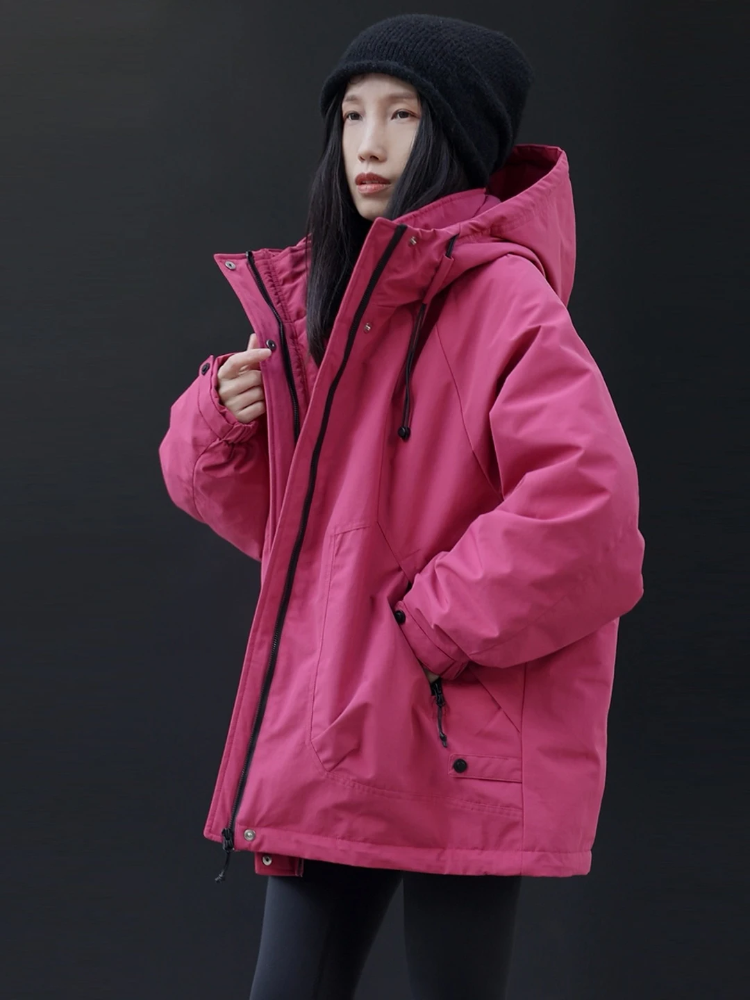 

Rose Red Hooded down Jaet Women's Spor Casual Mid-Length Loose Winter Coat Warm Outerwear Thiened Long Sve Zipper