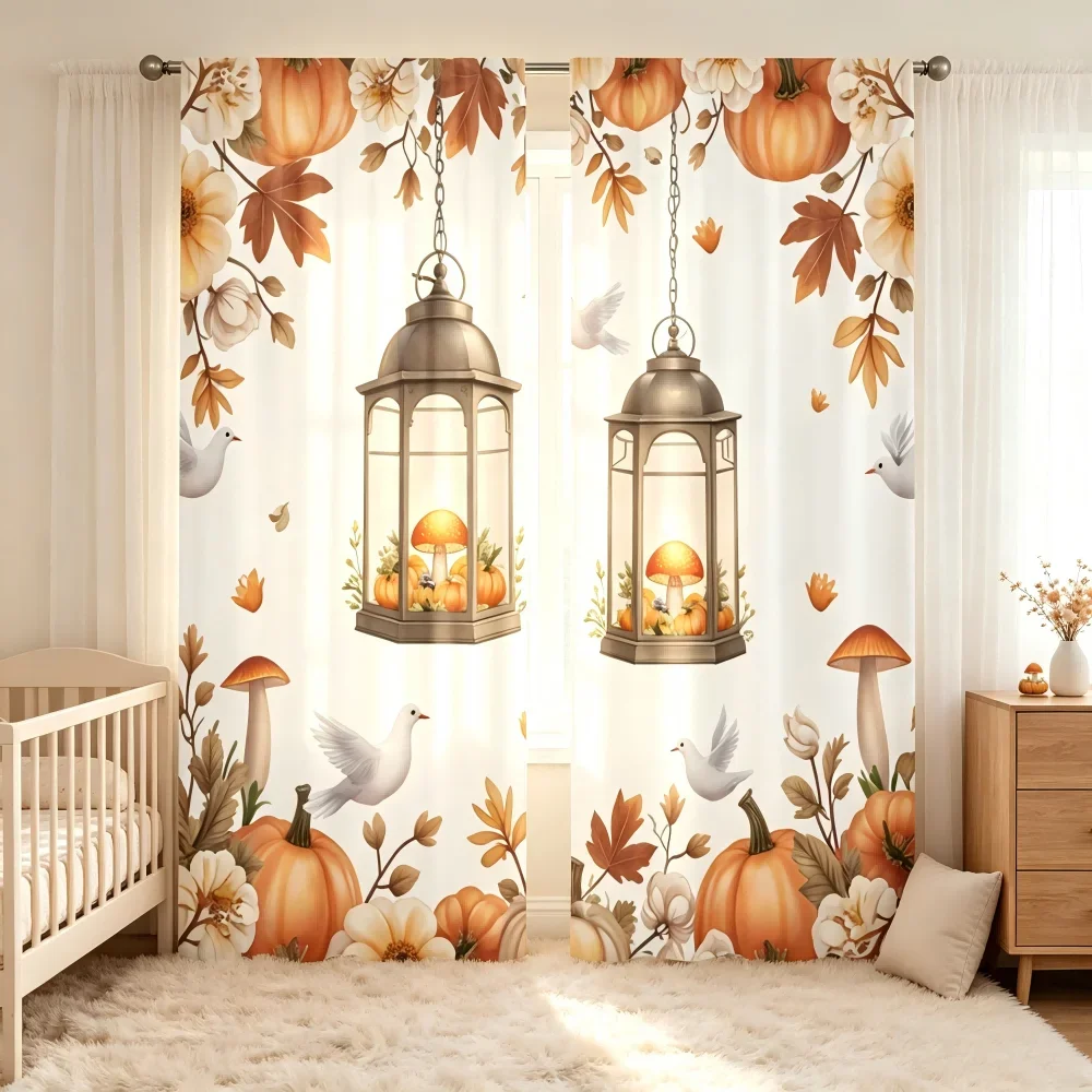 2PCS Digital Printed Curtain, Autumn Lantern Dove Pumpkin Maple Leaf, Peaceful Thanksgiving Fall Style Window Drapes Decor