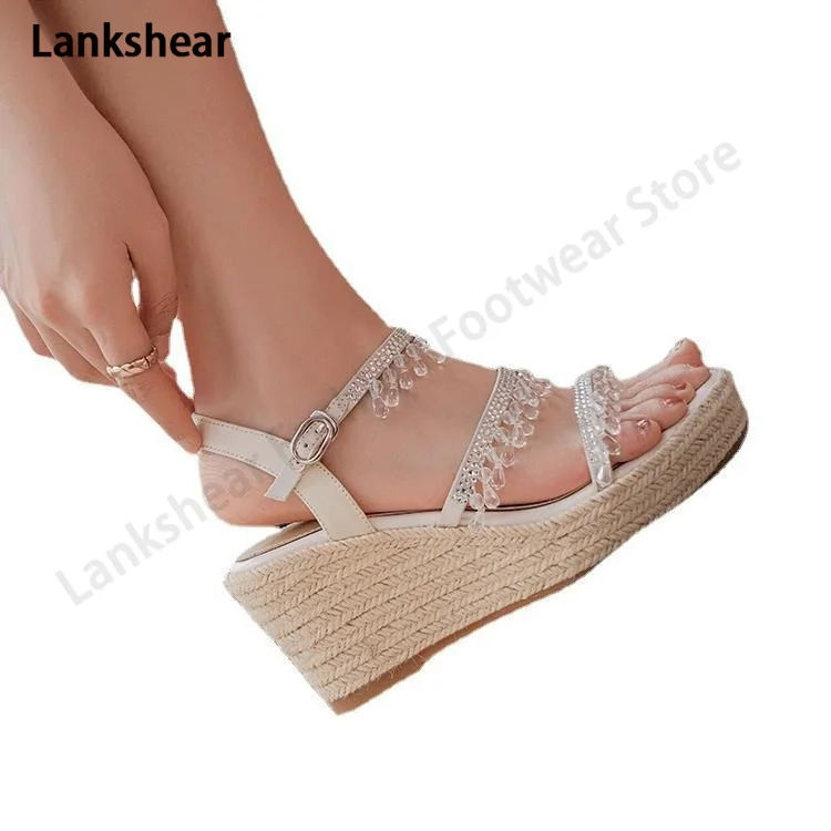 

Wedge High Heel Strap Sadanls Open Toe Braided Buckle Strap Women's Shoes Fashion Bohemian Rhinestone Straw Sandals Dress Pumps