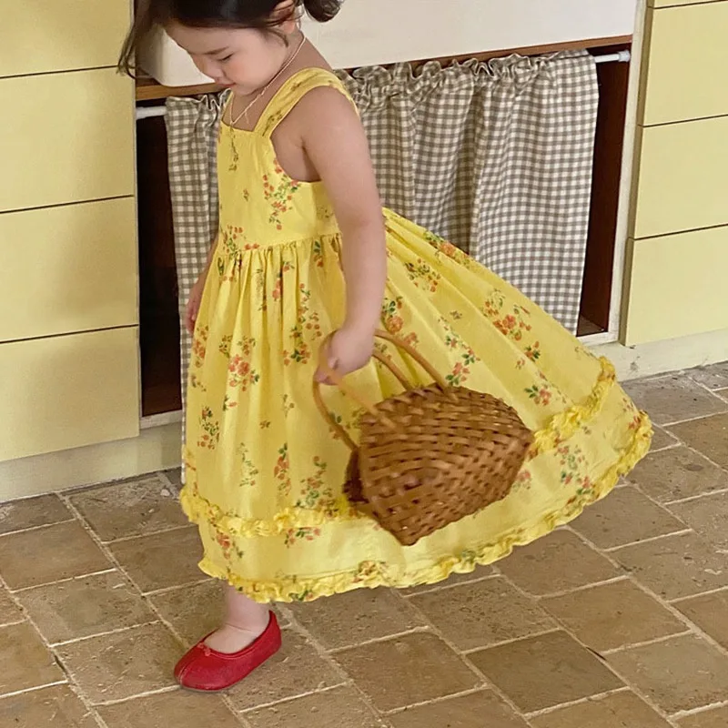 Sommer Mädchen Kleid süße Blumen ärmellose Prinzessin Kleid Kinder Resort Stil Vintage Chic langes