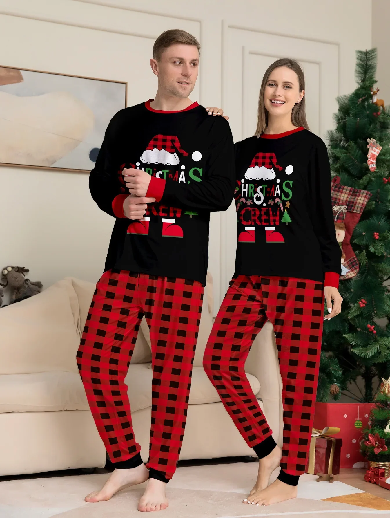 2024 Winter Christmas Crew Print Pajamas Set Mom Daughter Dad Son Matching Clothes Casual Soft Lounge-wear Xmas Gift Family Look