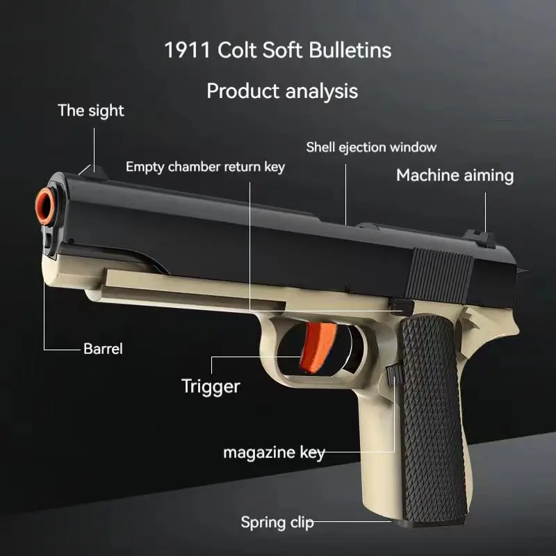 Pistola de juguete automática Colt 2024 para niños, pistola de aire de balas blandas de concha automática negra, Arma de tiro CS, juguete para niños