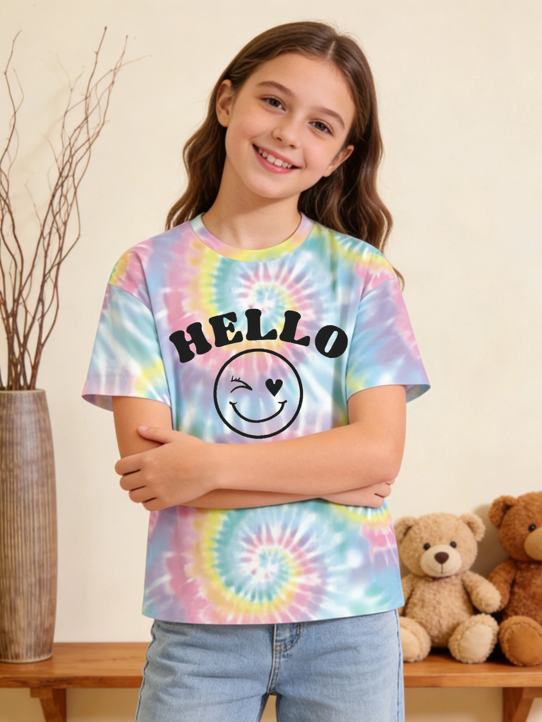 2026 Girls Color Tie-Dye HELLO Love Smiley Face Printed Short Sleeve T-Shirt, Children's Fun Crew Neck Top Summer Dress