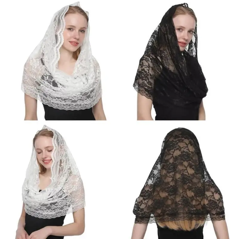 39BD Wedding Lace Flower Veil Latin Mass Head Scarf Vintage Head Covering Bridal Veil