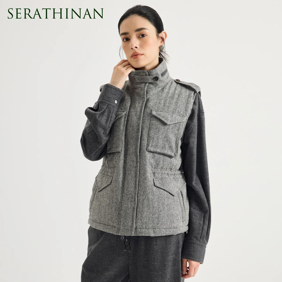 KX9523502 Women's Wool Blend Goose Down Filled Vest Stand Collar 4 Flap Pockets Epaulettes Zip Front Old Money Early Autumn
