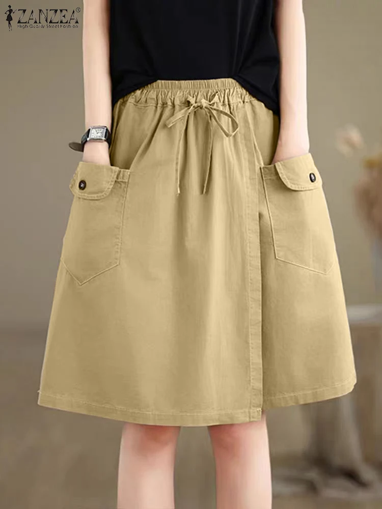 

ZANZEA Vintage Solid Shorts Skirts 2025 Summer Women High Elastic Waist Pantalons Fashion Pockets Casual Loose Shorts Skirts