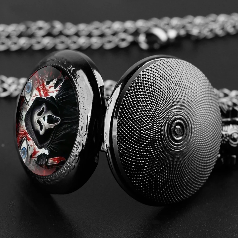 Orologio da tasca al quarzo nero con cupola in vetro Scream Ghost con quadrante con numeri arabi e catena resistente, regalo retrò per uomo e donna