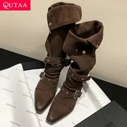 QUTAA 2025 News Western Women Knee High Boots Cowboy Genuine Leather Heels Fashion Woman Winter Cowgirl Long Shoes Size 34-39