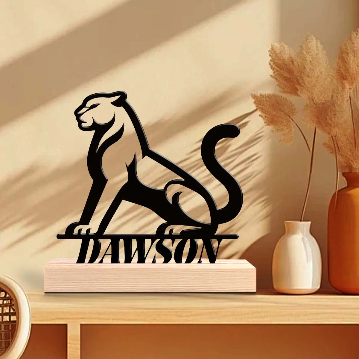 1Pc Csutom Name Mighty Cheetah Wooden Base Metal Art Ornament,Home Office Hotel Cafe Club Decor,Ideal Gift for Family Friends