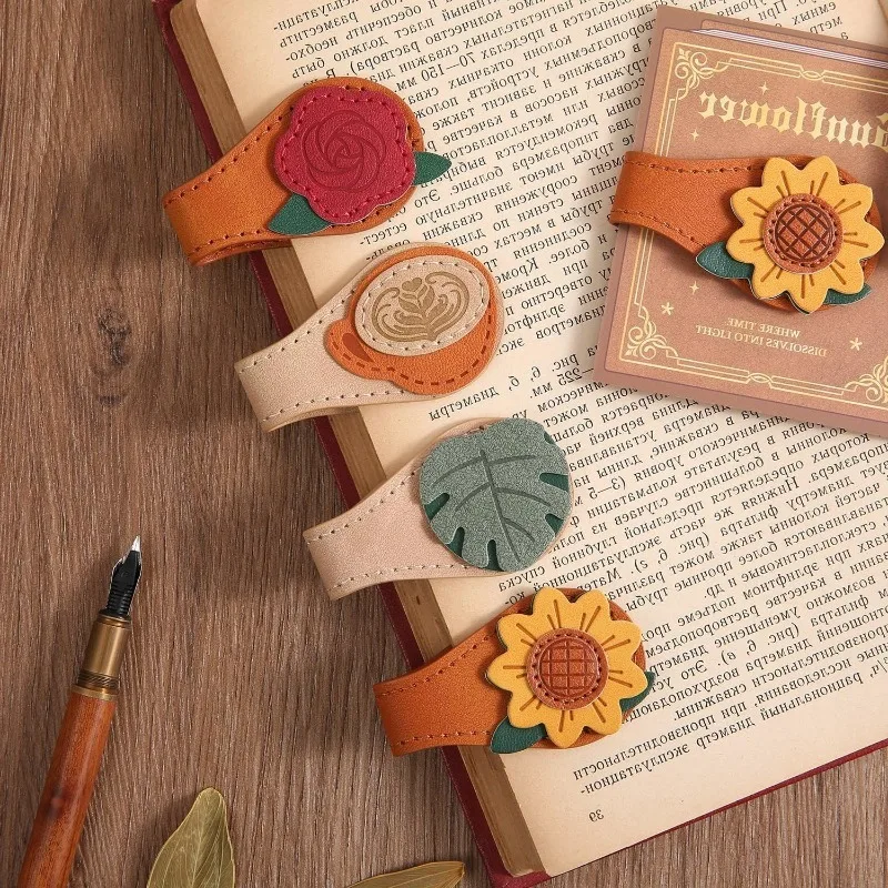 1pc Vintage Coffee Rose Magnetic Leather Bookmark Sunflower Leaf Design with Double‑Sided Design Page Holder SHUQ04