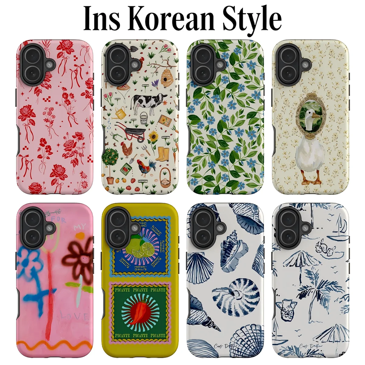 Capa de Celular Luxuosa Clmj Y2K Coreana Colorida com Arte para iPhone 17 17e 16e 16 15 14 13 12 11 Air Pro Max Plus, Capa Traseira de Camada Dupla