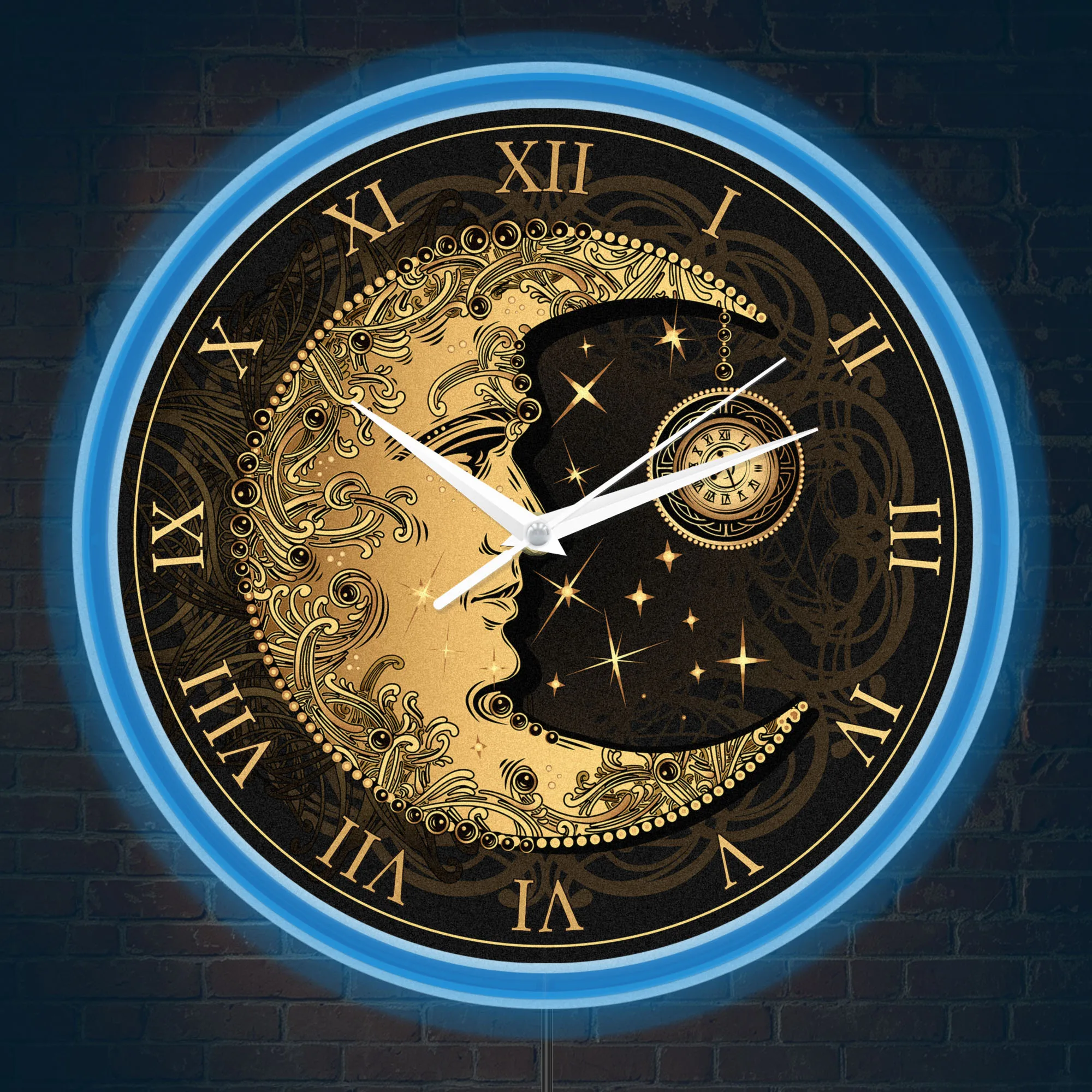 Antique Golden Crescent Moon Wall Clock with Glowing Neon Border Bohemian Home Decor Celestial Moon Face LED Light Up Wall Clock
