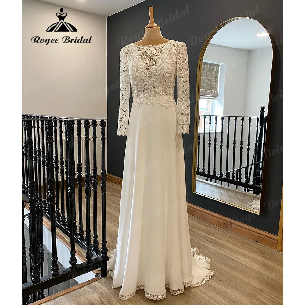 Roycebridal-Robe de mariée bohème à manches longues pour femmes, robe de mariée bohème, corsage en dentelle, patients civils éducatifs, 2024