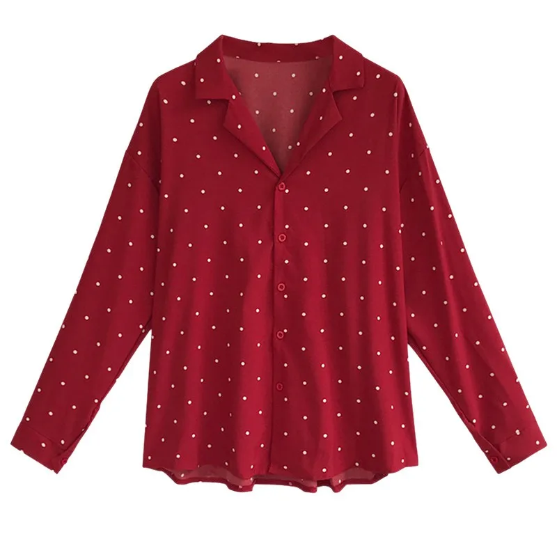 Women\'s Shirts Dot Print Button Turn-down Collar Long Sleeve Chiffon Blouse