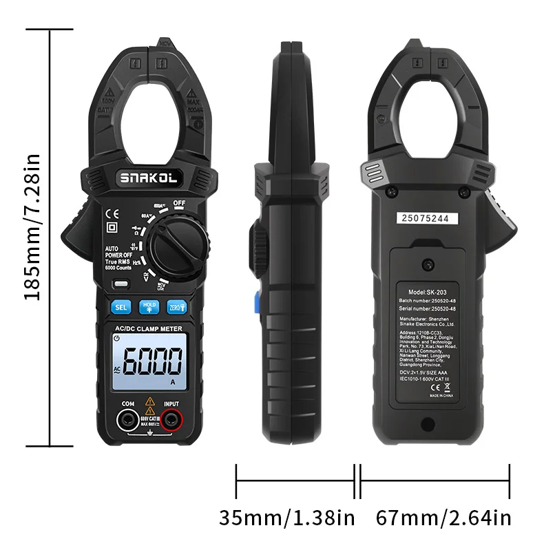 SNAKOL AC DC Stromzangenmessgerät 600 A Digitales Amperemeter Zangen True RMS Multimeter Professionelles elektrisches Multitester-Werkzeug – Detail 9