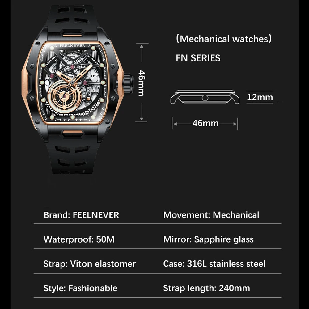 FeelNever Hollow Tourbillon Men's Watches Luxury Automatic Watch For Men Mechanical wristwatch Direction Sapphire Luminous Clock view 6