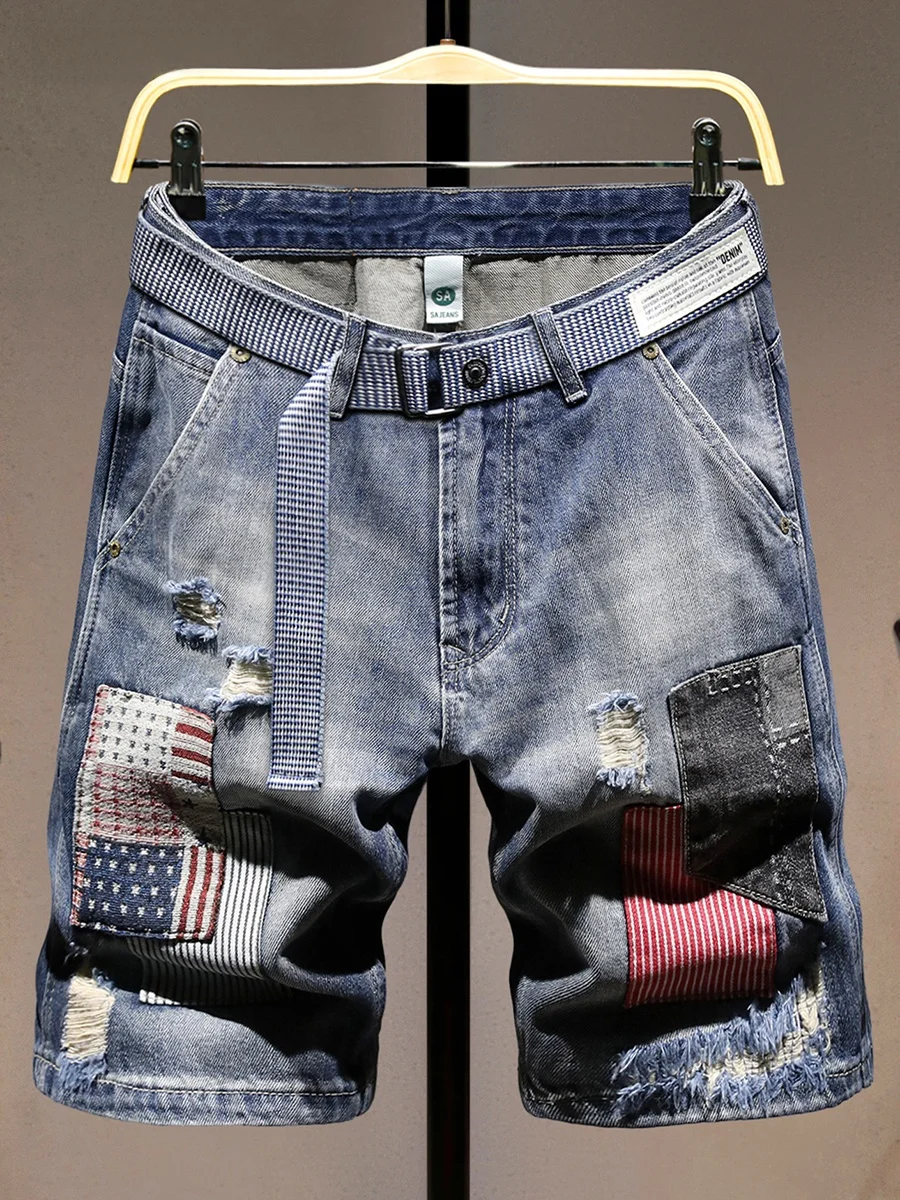 

Trendy Splice Denim orts Men Summer Color Blo Patch Slim Fit Five-Quarter Side ket Faion Hole Pant Jeans