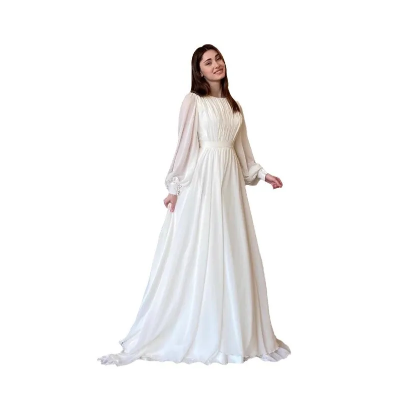 Chic Round Neck Elegant Lantern Sleeve Pearl Organza White Dress Women for Formal Occasions