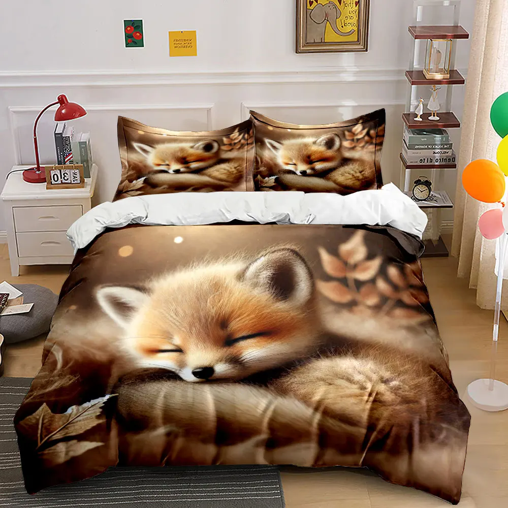Bezauberndes Bettwäsche-Set mit schlafendem Fuchs, bedruckt, 1 Bettbezug + 2 Kissenbezüge, Bettwäsche-Dekor für Schlafzimmer in verschiedenen Größen, maschinenwaschbar