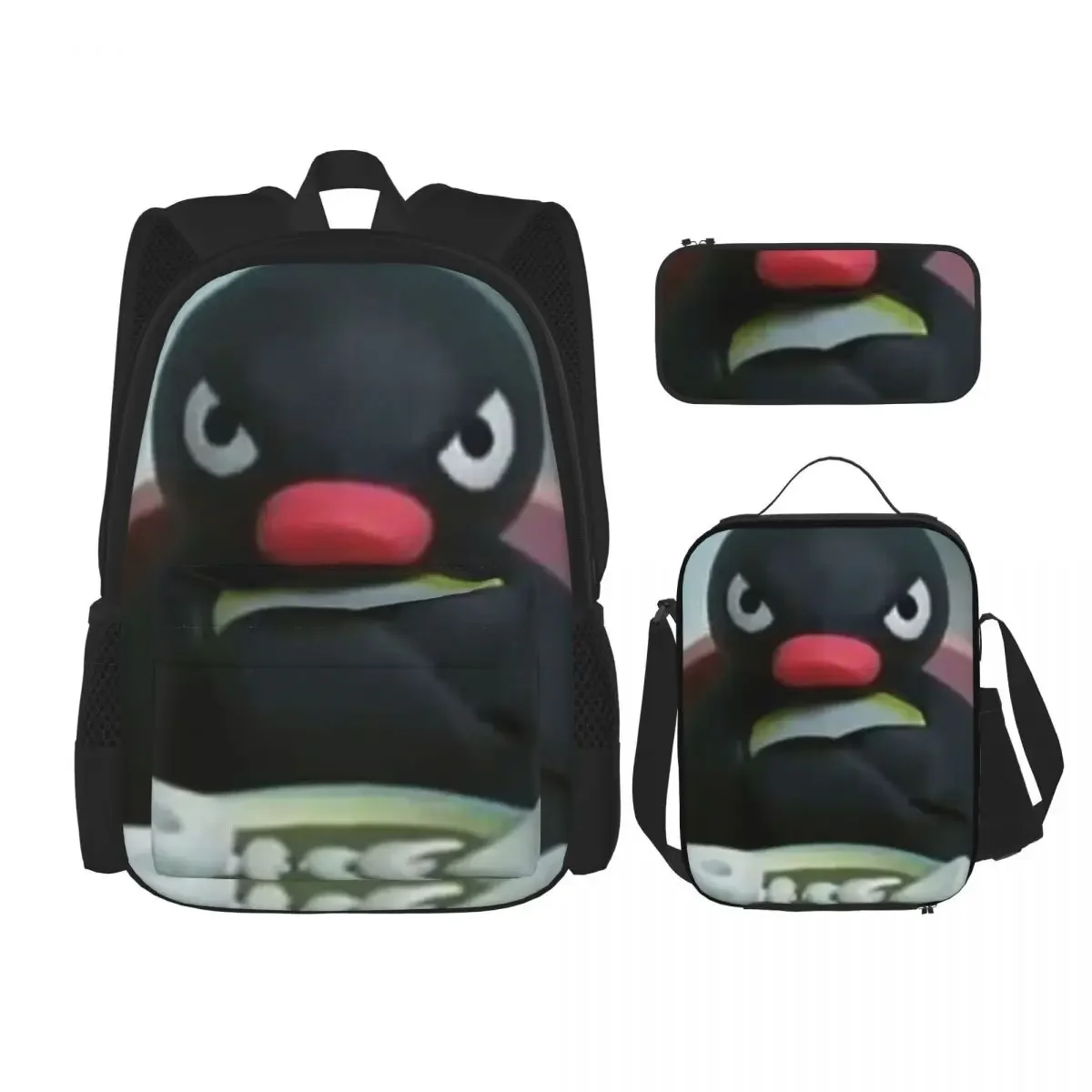 Pingu The Penguin Angry - Noot Noot Backpacks Bookbag Students School Bags Kids Rucksack Lunch Bag Pen Bag Three-Piece Set