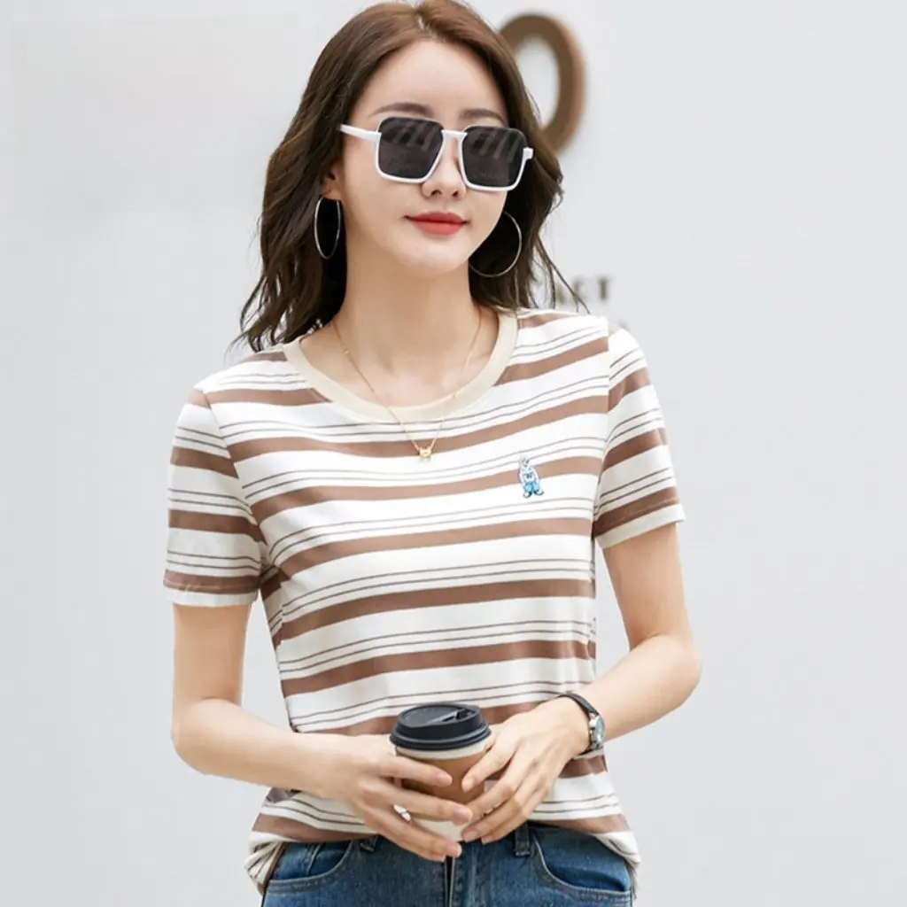 

Korean Style Women's Short-Sleeved T-Shirt 399 Cotton Summer Casual Chic Embroidered Bear Design Loose Fit Niche Top