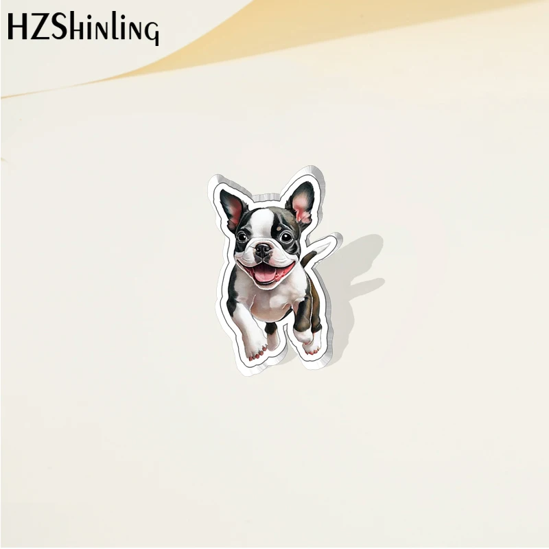 2023 Cartoon Cute Animal Pet Boston Terrier Dog Acrylic Lapel Pin Resin Epoxy Acrylic Pins Fashion Jewelry Accessories