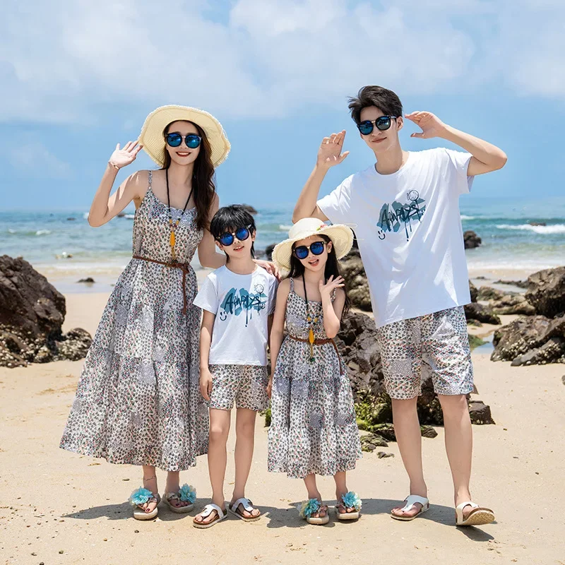 

Vacation Couple Look Family Matching Clothes Mom Daughter Resort Dress Holiday Beach Dad Son Cotton T Shirt Shorts Set 2 Pieces