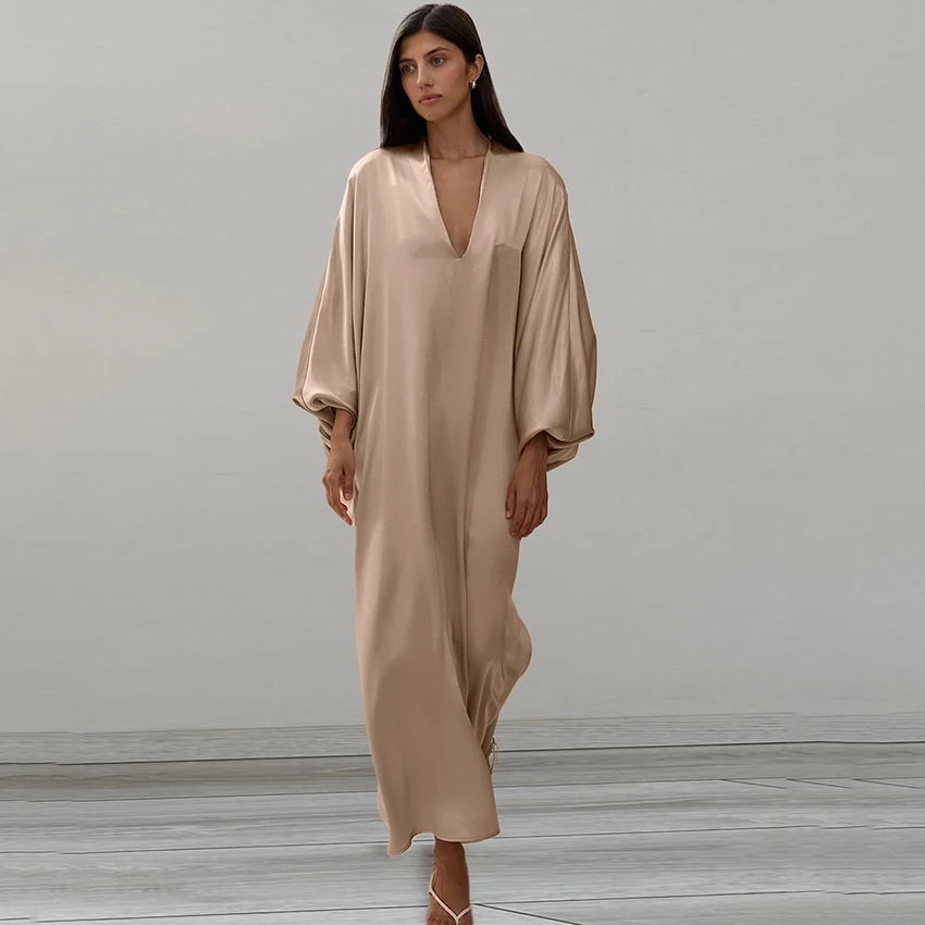 

Hiloc элегантное белое атласное свободное длинное платье для сна сексуальное платье длиной до щиколотки с v-образным вырезом и разрезом осеннее повседневное шелковое платье с длинными рукавами 2025