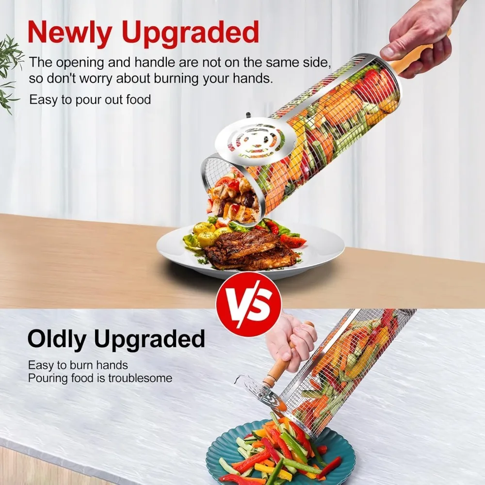 سلال شواء التعشيش 304 شبكة شواء دوارة من الفولاذ المقاوم للصدأ مقبض خشبي قابل للإزالة أدوات ملحقات الشواء