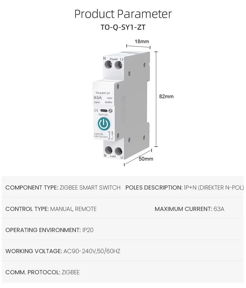 Mini interruttore automatico API Zigbee Smart Life 1P 63A con contatore di energia con telecomando wireless