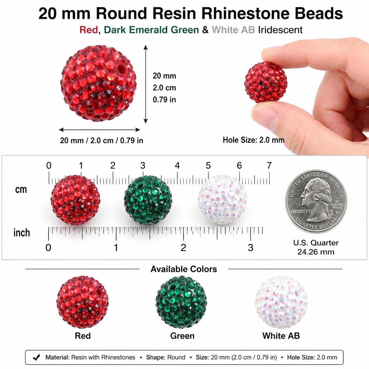20mm 5/10 Stück Weihnachts-Strass-Harzperlen, Funkelnde Kristall-Rundperlen für Feiertags-DIY-Schmuckherstellung & Bastelarbeiten – Detail 2