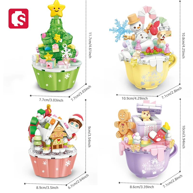 SEMBO Mini Christmas Tree Snowman Gingerbread House Cake Cup Light Building Blocks Home Decoration Bricks Toys For Girls Gifts